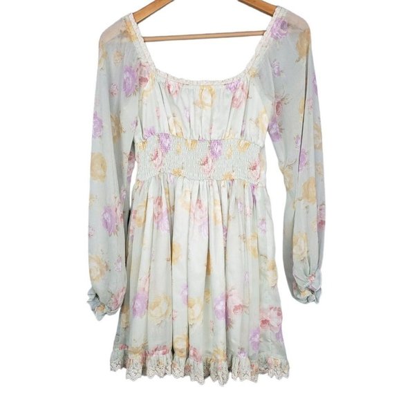Liz Lisa Green Floral Lace Up Sheer Mini Dress Lolita Cottagecore Kawaii Small - Picture 7 of 8